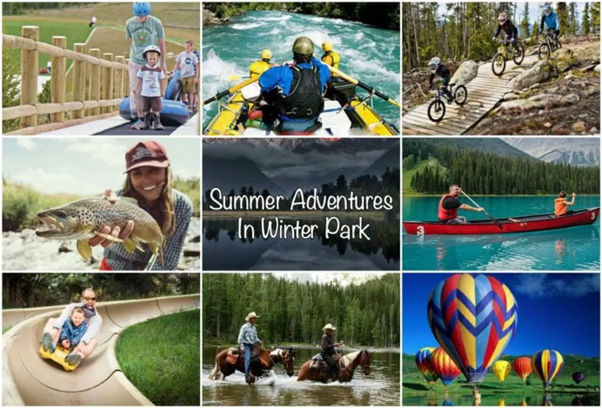 A vibrant collage highlighting summer and warm-weather activities: families rafting, biking on scenic trails, catching fish, floating on a lake, horseback riding, and enjoying a water slide. The scene exudes adventure and family-friendly excitement.
