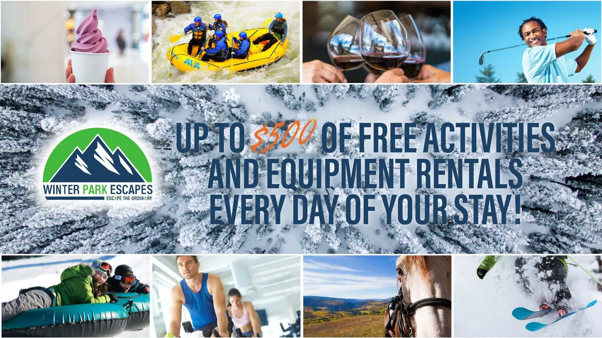An interior promotional display featuring the Winter Park Escapes logo, surrounded by vibrant images representing a variety of activities such as rafting, wine tasting, golfing, skiing, sliding, and horse riding. The collage visually showcases the diversity of adventures available to guests.