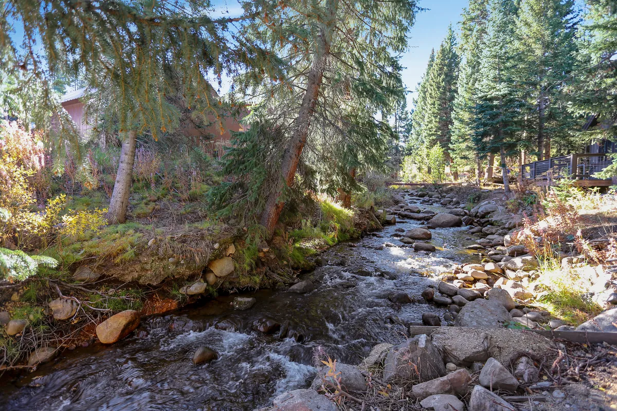 A tranquil stream winds through lush greenery with trees lining the banks and distant houses visible, evoking a sense of immediate access to nature and outdoor exploration.